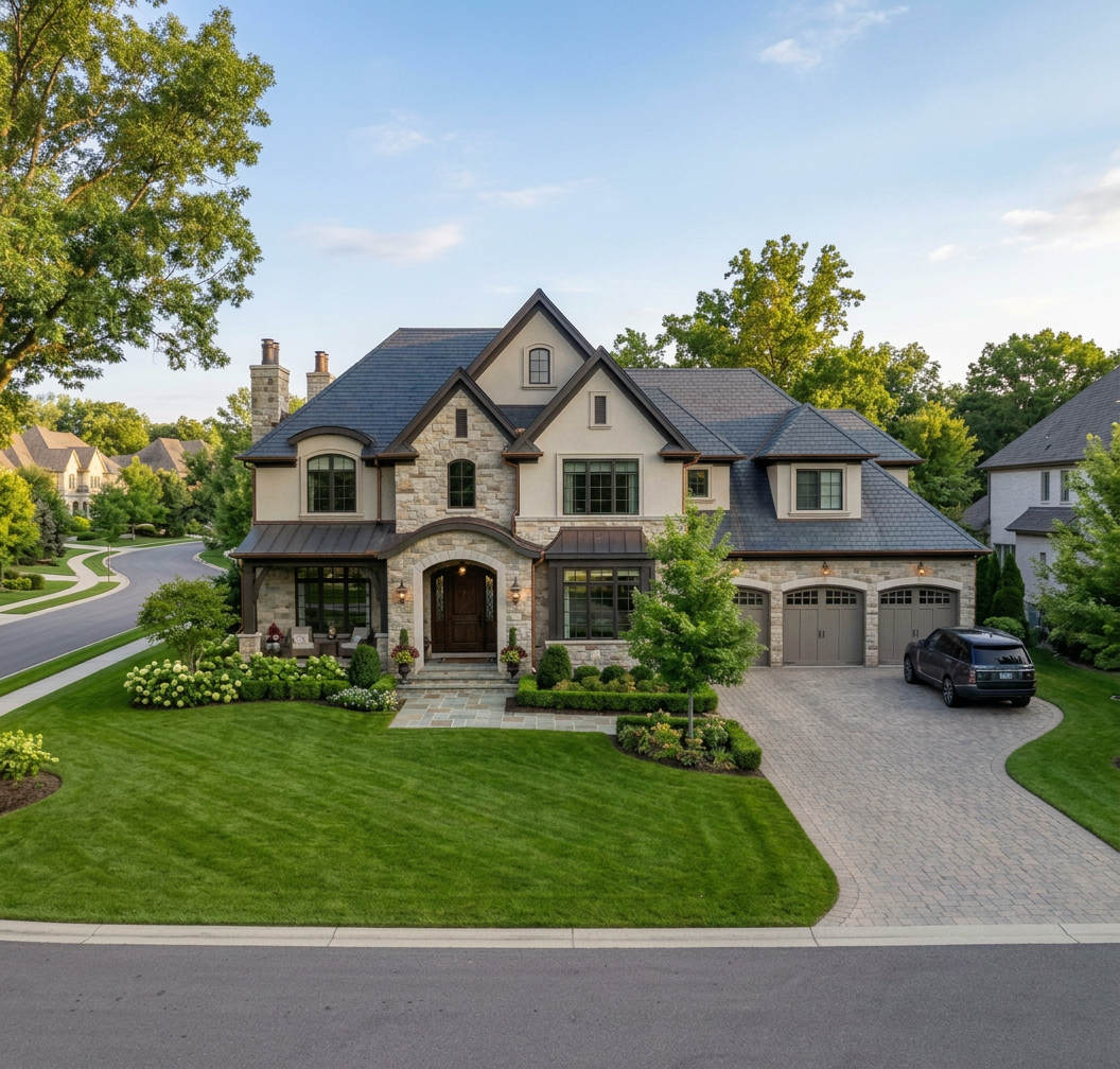 Large luxury house with stone and stucco facade, front porch, three-car garage, and well-kept green lawn